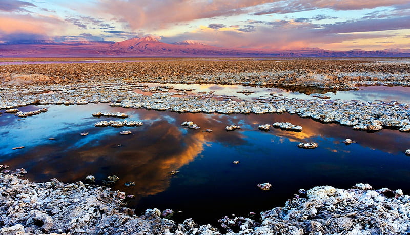 Salar of Atacama, sunset, clouds, skies, water, purple, mountains, Chile, salt flat, white, Andes, blue, HD wallpaper