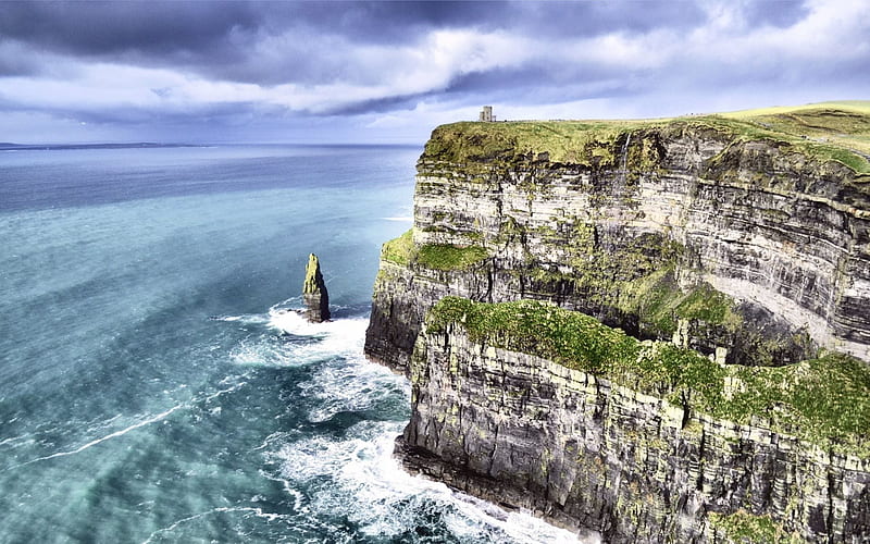 Rocks, ocean, waves, waterfall, Ireland, cliffs of Moher, Atlantic Ocean, HD wallpaper