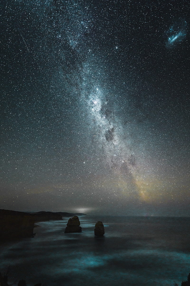 beach, night, starry sky, milky way, sea, HD phone wallpaper