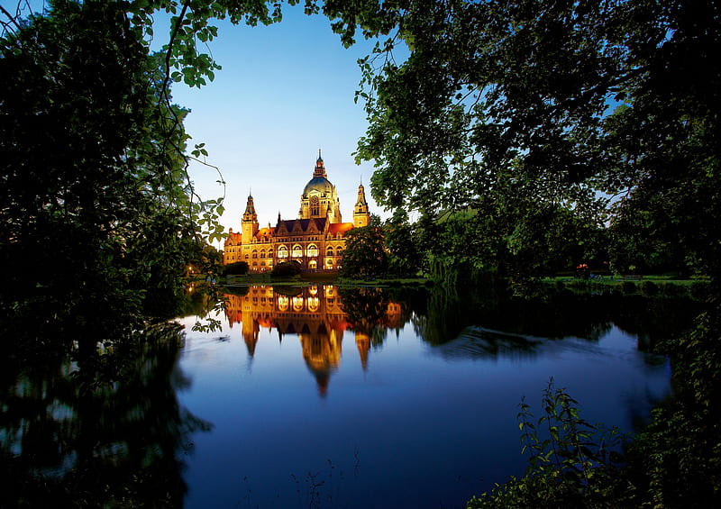 Beautiful Reflection, germany, hall, hanover, trees, lake, neues, building, city, rathaus, reflection, HD wallpaper