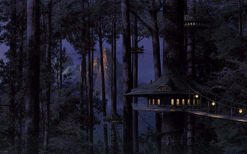 TREE HOUSES, tree, fantasy, houses, jungle, night, light, HD wallpaper