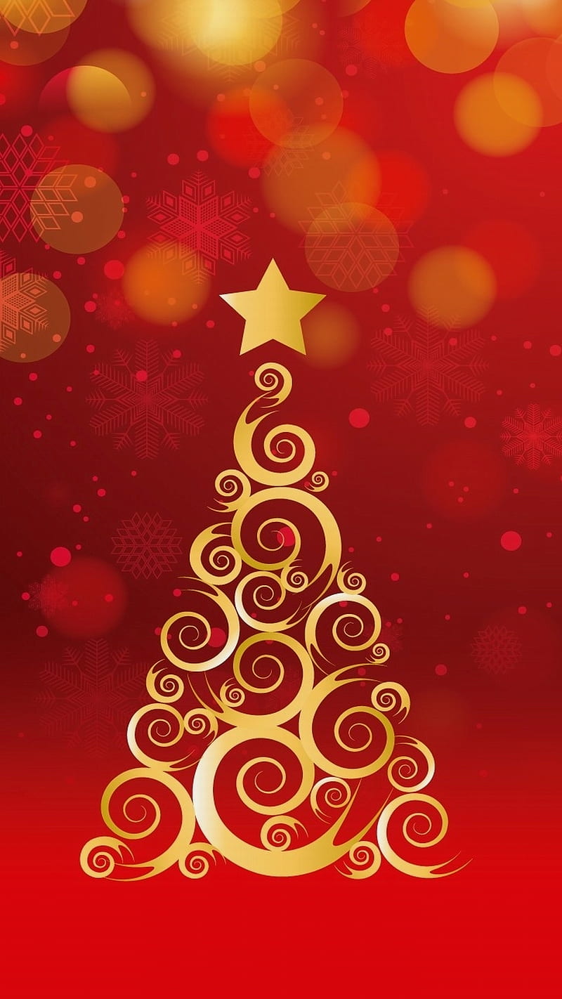 Christmas Tree, bokeh, christmas, decorations, golden, merry, red, star, tree, HD phone wallpaper