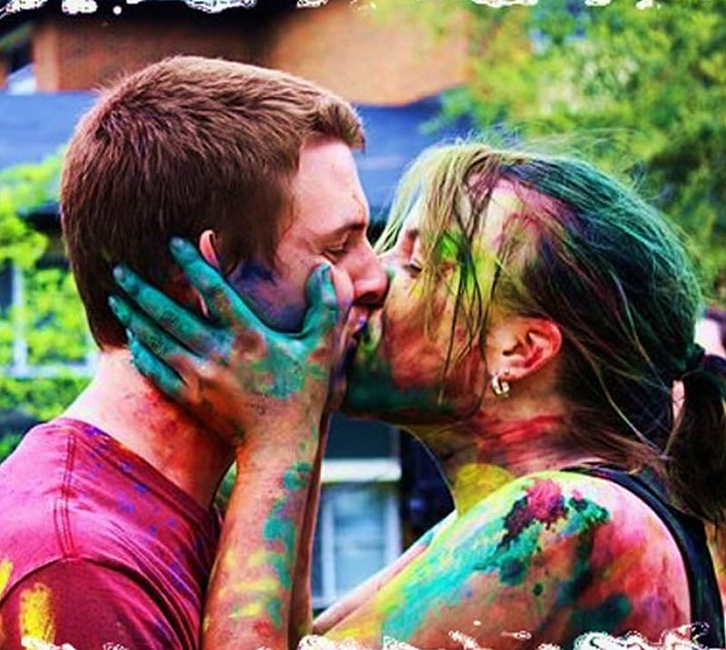 Holi Kiss, couple, cute, feelings, festival, love, HD wallpaper
