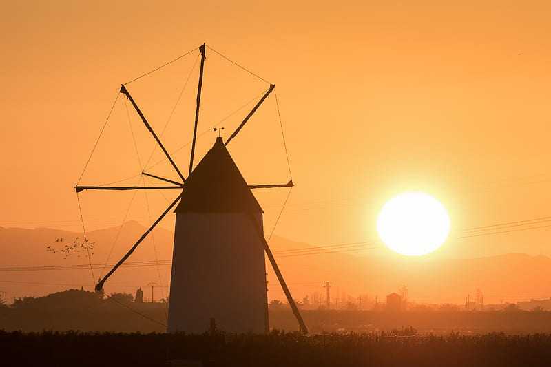 windmill, tower, fog, sunset, HD wallpaper