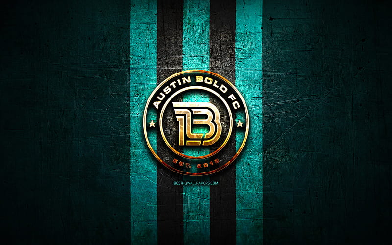 Austin Bold FC, golden logo, USL, blue metal background, american soccer club, United Soccer League, Austin Bold logo, soccer, USA, HD wallpaper
