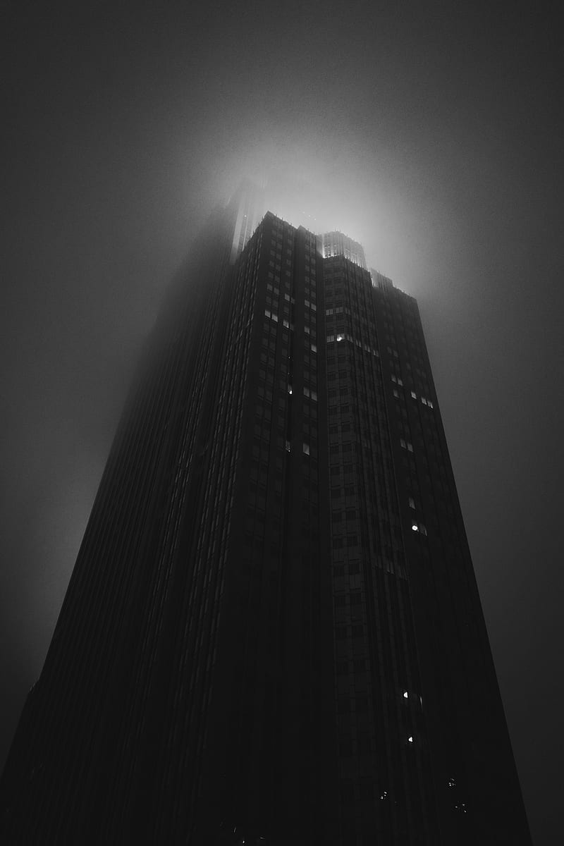 building, tower, skyscraper, fog, bw, HD phone wallpaper