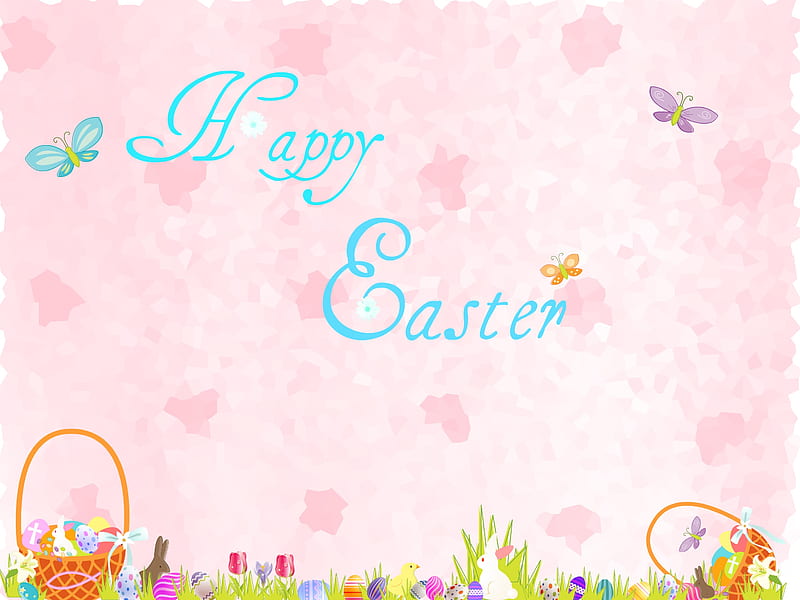 Happy Easter, candy, grass, orange, chocolate, easter, ribbons, jelly beans, green, crosses, flowers, tulips, pink, holiday, butterflies, happy, purple, basket, eggs, lily, bunny, daisy, HD wallpaper