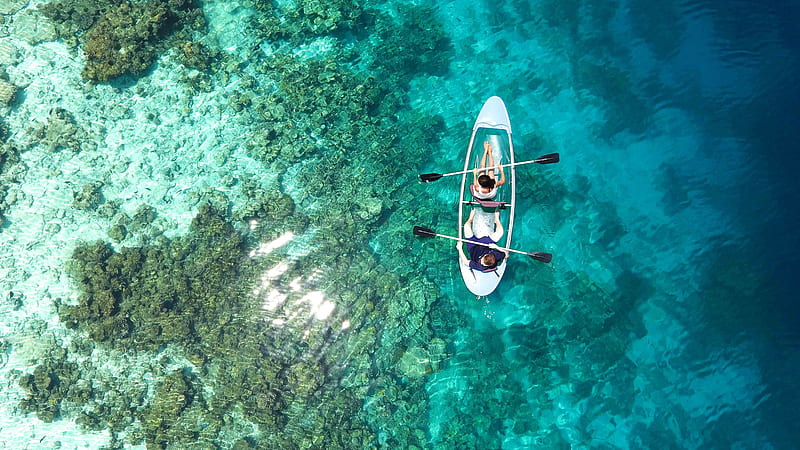 boat, clear water, kayaking, aerial view, ocean, Nature, HD wallpaper