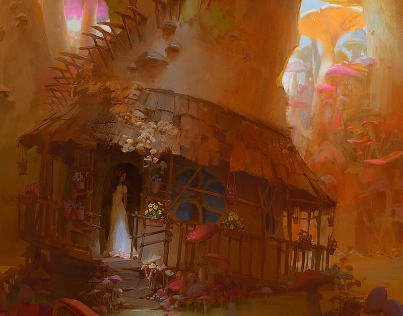 Mushroom, art, fantasy, house, luminos, jiri horacek, girl, orange, HD wallpaper