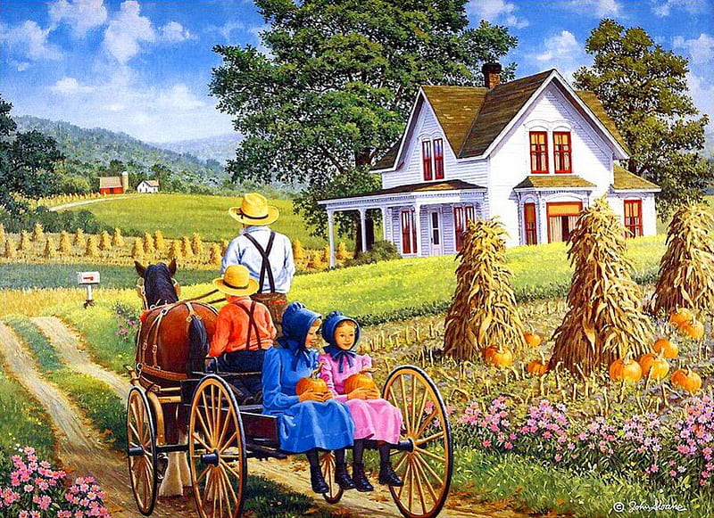 A perfect pair, pretty, house, children, cart, irls, father, countryside, nice, village, path, flowers, amish, kids, rural, art, rustic, lovely, sky, country, trees, eautiful, parent, garden, colorful, autumn, cottages, home, perfect, bonito, painting, girls, road, pair, spring, peaceful, summer, walk, HD wallpaper