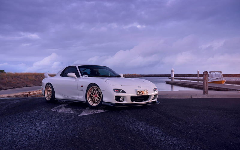 Mazda RX-7, white sports coupe, tuning, gold discs, sunset, evening, white RX-7, sports car, Japanese cars, Mazda, HD wallpaper