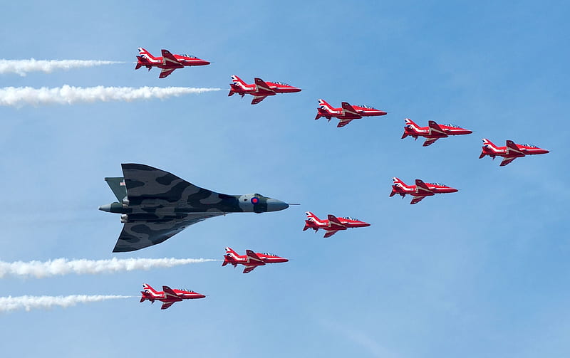 British Avro Vulcan with the Red Arrows, aircrafts, military, vulcan, british, HD wallpaper