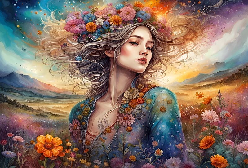 Daydreams, blossoms, summer, flowers, digital, girl, art, HD wallpaper