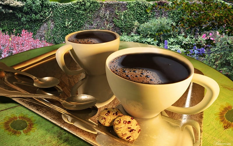 Coffee overlooking the garden, table, good morning, cafe, coffee tray, view, time, drinks, afternoon, cookies, two, coffee, plants, hot, flowers, garden, cups, HD wallpaper