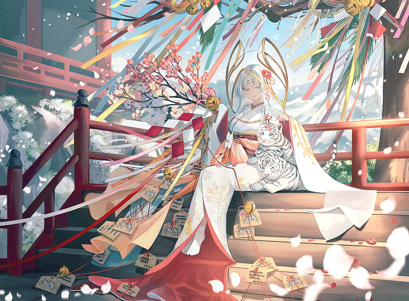 Anime, Girl, Kimono , Tiger, HD wallpaper