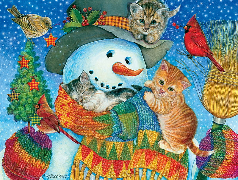 Snowman cuddles, colorful, art, luminos, cuddle, cat, snowman, iarna, winter, cute, fantasy, painting, scarf, kitten, pictura, pisica, HD wallpaper