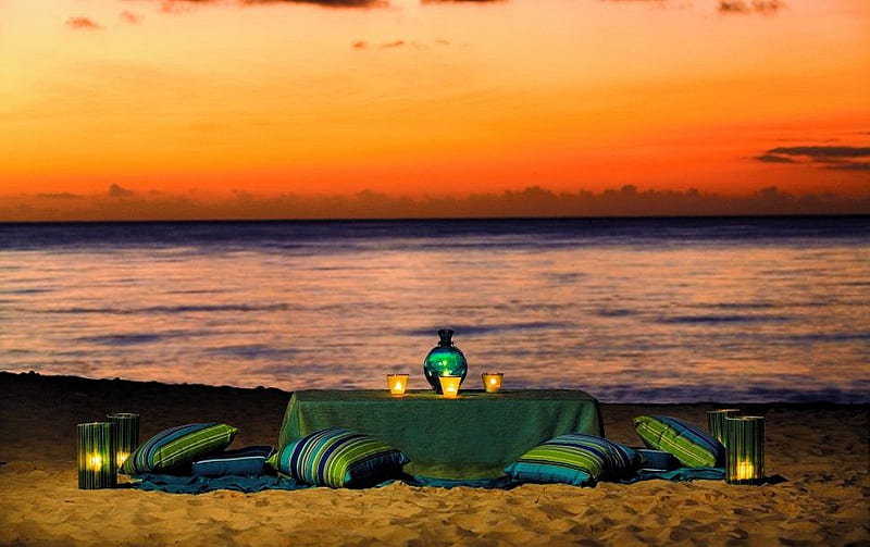 Beach picnic sunset, table, orange, cloth, ocean, sunset, picnic, candles, beach, sand, pillows, HD wallpaper