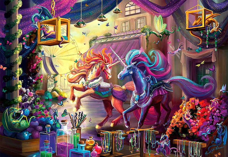 Twilight Marketplace, unicorns, dragons, horses, house, digital, jewellery, HD wallpaper