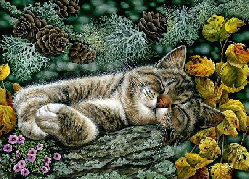 Irina Garmasheva. Cat in a remote corner of the garden, cute, art, pine, painting, flower, cat, irina garmasheva, kitten, HD wallpaper