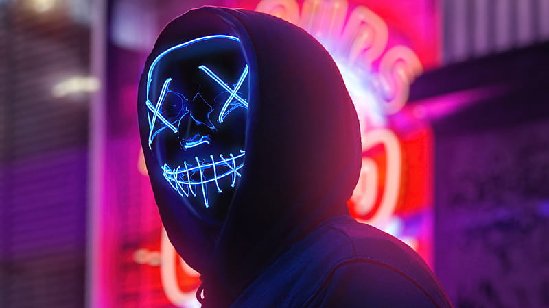 Neon Mask Boy City , neon, mask, artist, artwork, digital-art, hoodie, HD wallpaper