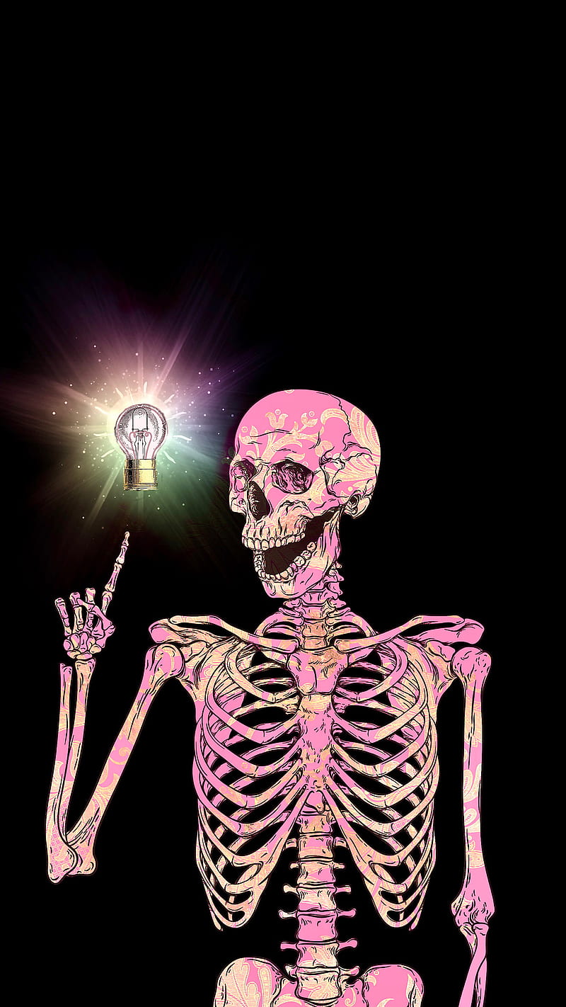 Skeleton’s Bright Idea, funny, funny, humor, light bulb, paisley, pink ...