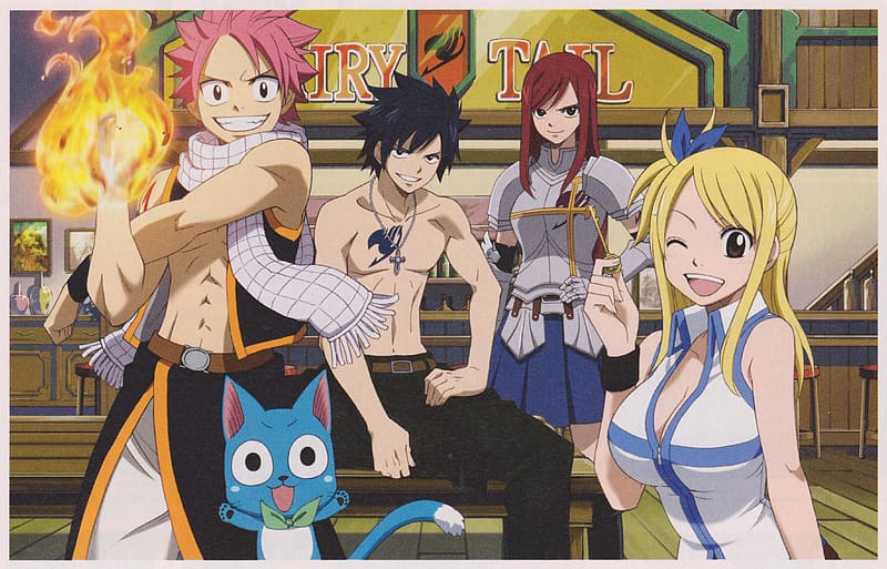 Anime, Fairy Tail, Lucy Heartfilia, Natsu Dragneel, Erza Scarlet, Gray Fullbuster, Happy (Fairy Tail), HD wallpaper