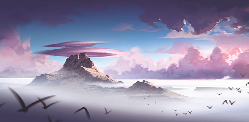 Alpha Mountains Down Birds Clouds Digital Painting , artist, artwork, digital-art, artstation, HD wallpaper