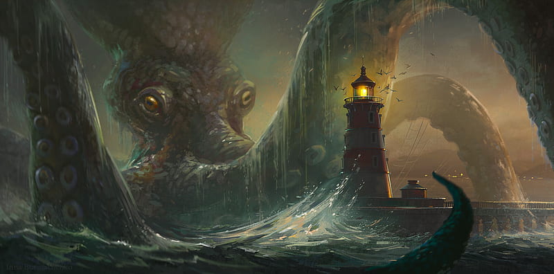 Sea monster, art, giant, octopus, luminos, caracatita, storm, sea, wave, lighthouse, tentacles, fantasy, inna burmachenko, water, monster, HD wallpaper