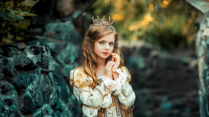 Blue Eyes Cute Little Girl With Long Hair Is Wearing White Dress And Crown On Head Cute, HD wallpaper