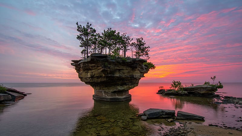 Sunset, Rock, Horizon, Lake, Tree, , Cloud, Michigan, Lake Huron, HD wallpaper