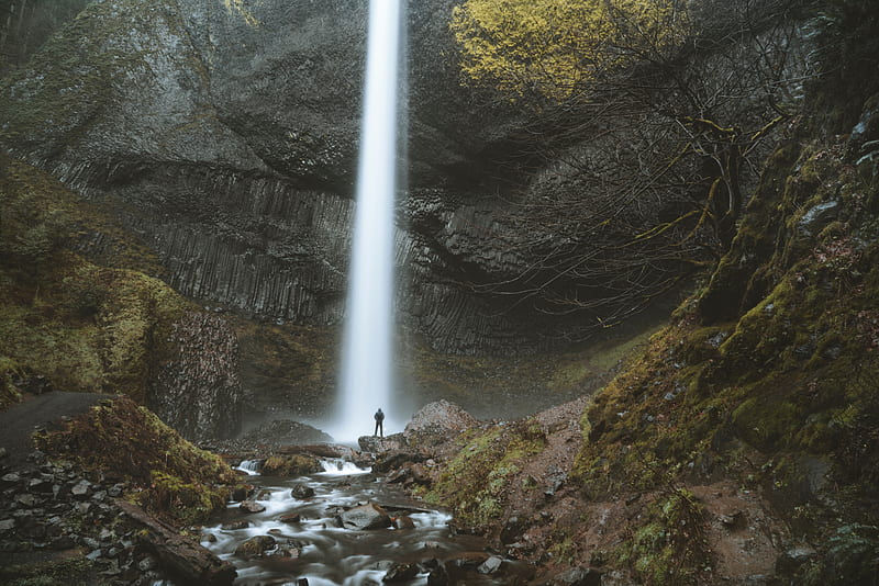 waterfall, silhouette, rock, river, water, HD wallpaper