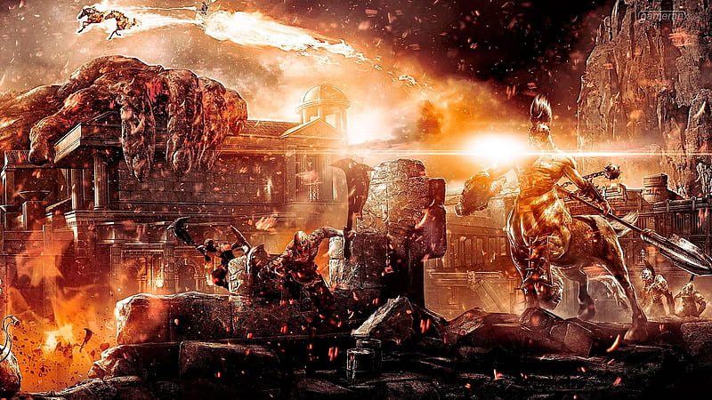 Apocalypse, fire, epic, cool, destruction, titan, god of war, centaur, HD wallpaper