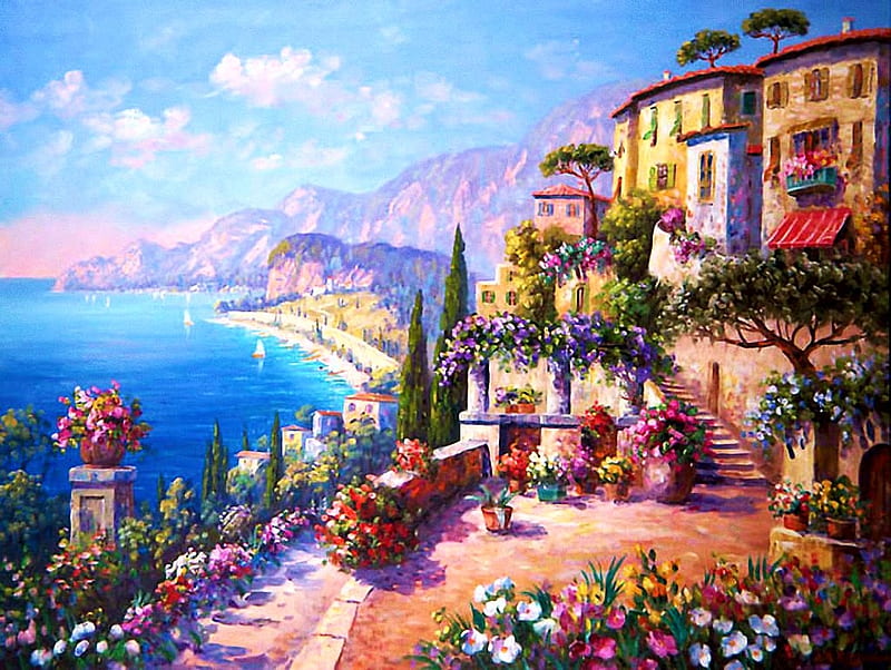 Mediterranean View, houses, painting, flowers, path, artwork, HD wallpaper