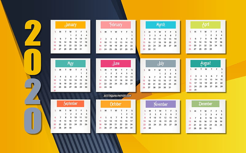 2020 Yellow Calendar, 2020 concepts, yellow background, 2020 all months calendar, yellow abstraction, HD wallpaper