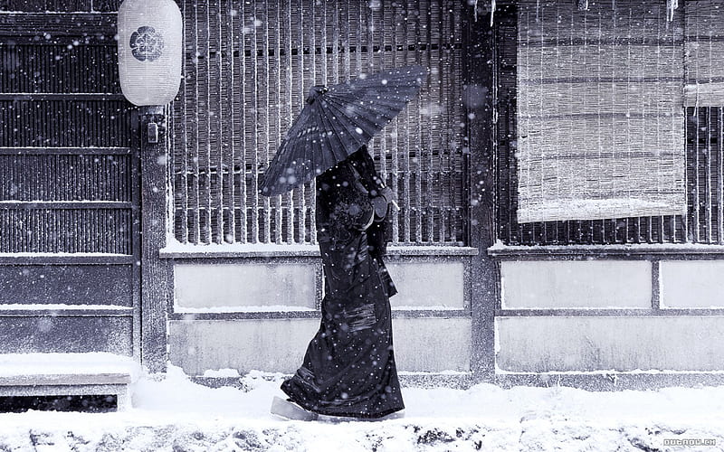 Geisha in Black, lantern, model, japanese, umbrella, black, bonito, girl, snow, white, HD wallpaper