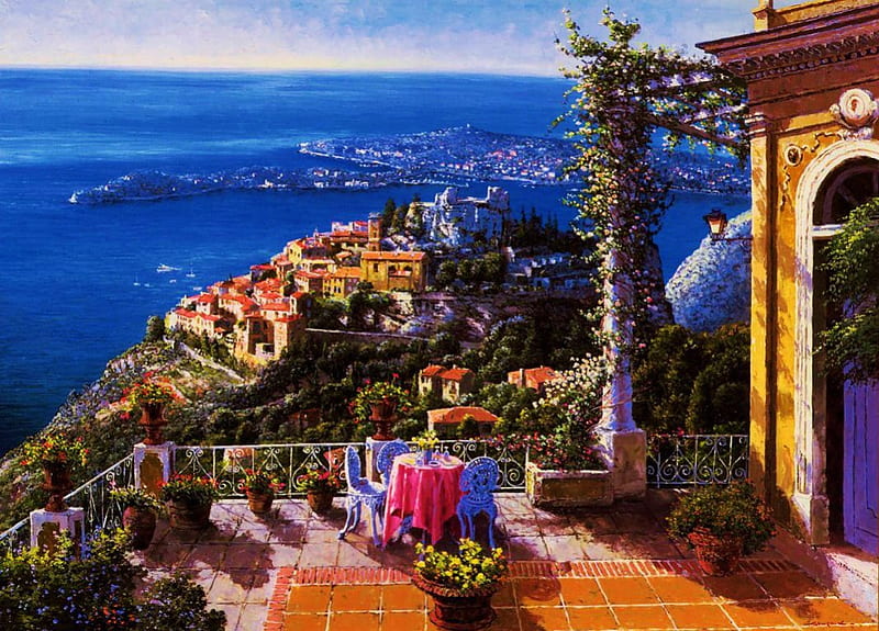 Mediterranean View, veranda, house, flowers, artwork, sea, HD wallpaper