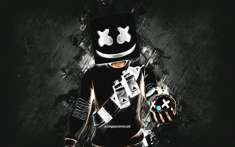 Fortnite Marshmello Skin, Fortnite, main characters, black stone background, Marshmello, Fortnite skins, Marshmello Skin, Marshmello Fortnite, Fortnite characters, HD wallpaper