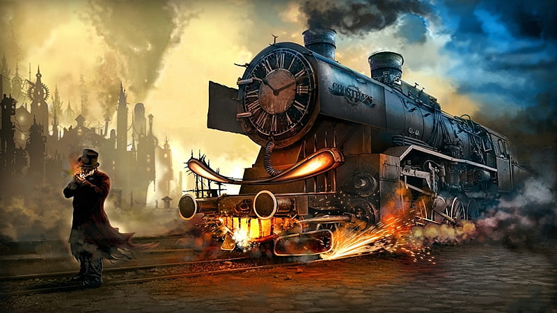 The Ghost Train on Track 9, ghost, train, fire, sparks, steam, smoke, HD wallpaper