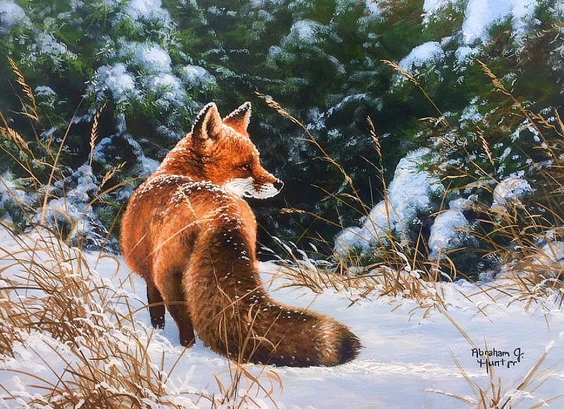 ..Foxy Lady.., draw and paint, love four seasons, winter, paintings, fox, snow, foxes, nature, animals, HD wallpaper