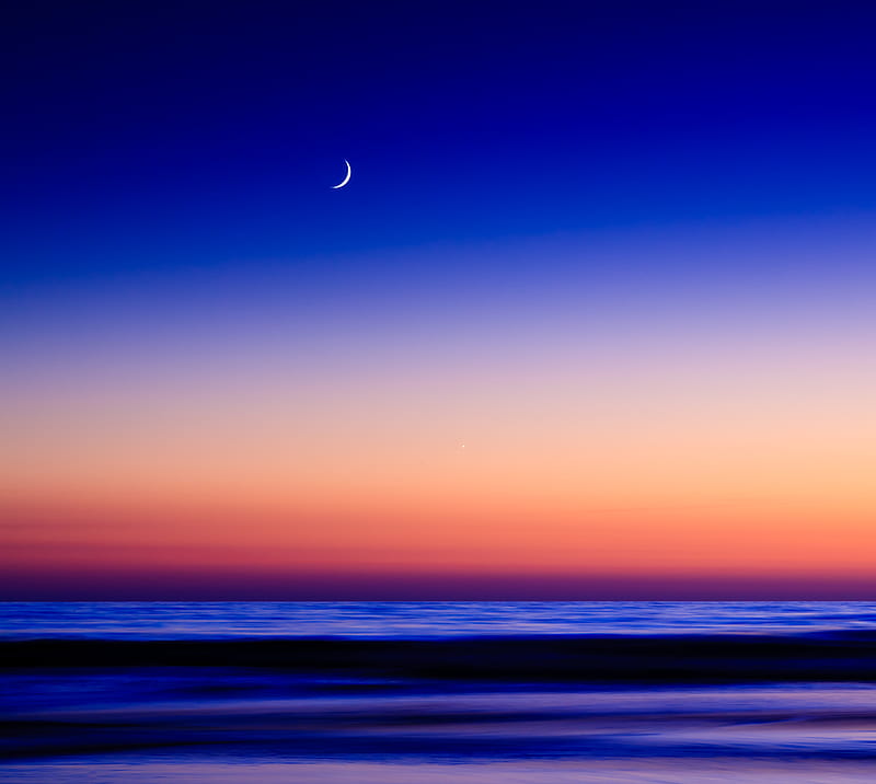 Sunset Tranquility, blue, del mar, dusk, moon, ocean, sky, HD wallpaper