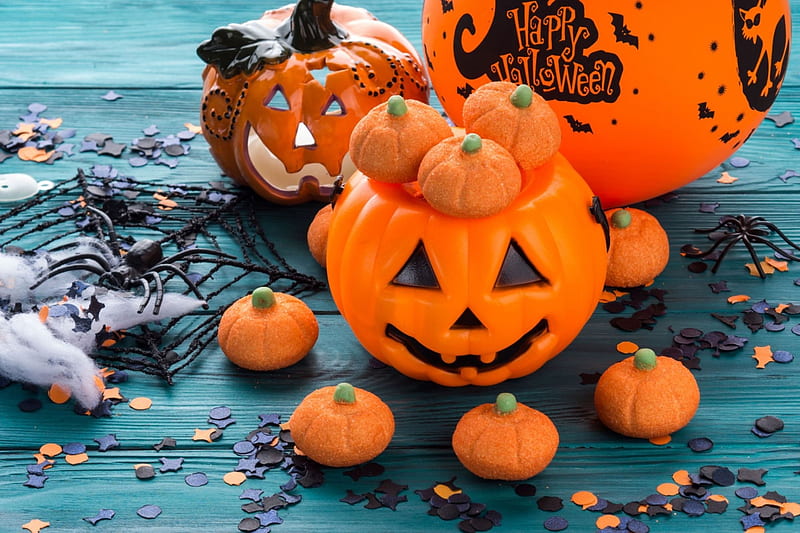 Happy Halloween!, halloween, pumpkin, deco, sweets, orange, decor, HD wallpaper