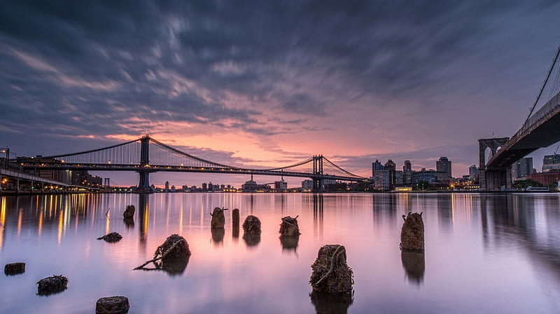 bridges view from the east river in nyc, city, bridges, dusk, river, pylons, HD wallpaper