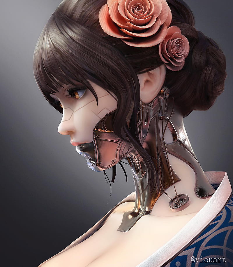 artwork, cyberpunk, women, Yi Ou, geisha, HD phone wallpaper