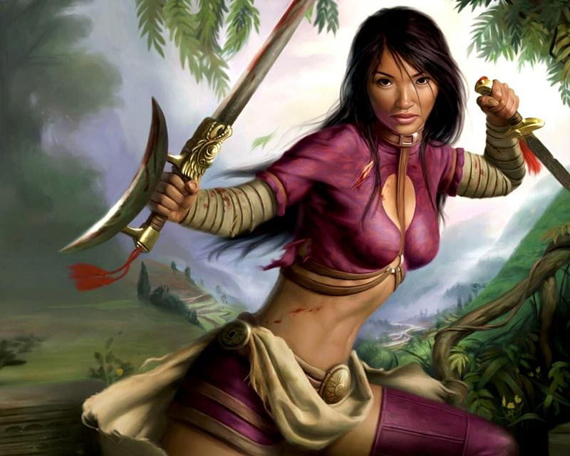 Come and Get it, video game, game, woman, fighting stance, fantasy, shorts, dagger, sword, thighhigh boots, swords, female, jade empire, blades, sexy, weapons, brunette, midriff, warrior, girl, chinese, HD wallpaper