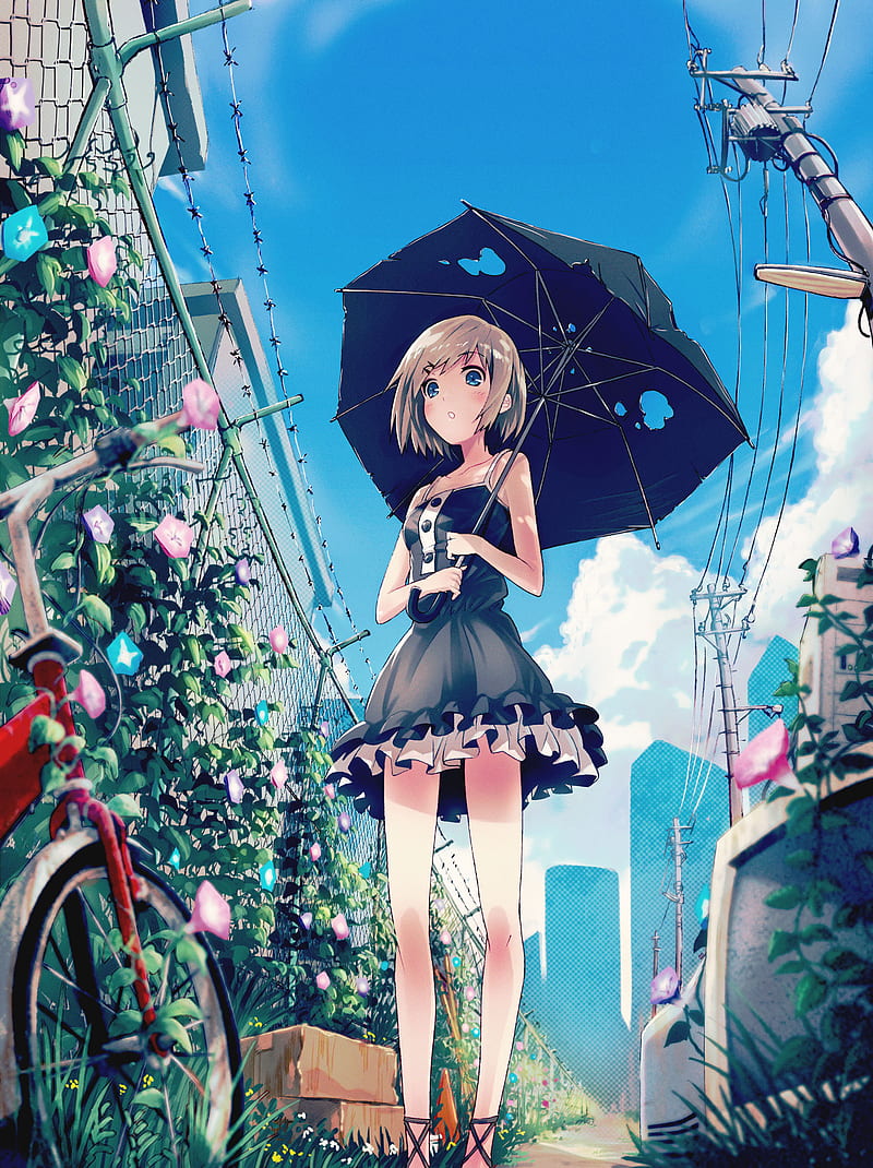 anime, anime girls, umbrella, dress, legs, bicycle, sky, urban, flowers, HD phone wallpaper