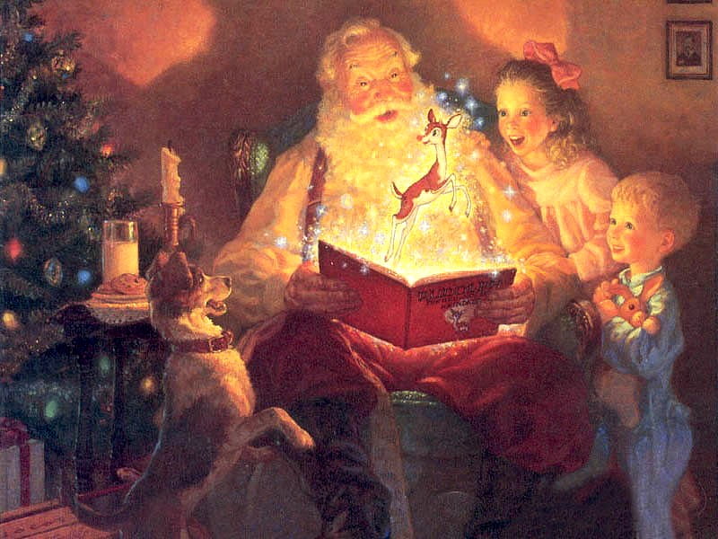 Santas Storytime, christmas, holiday, santa clause, book, children, baby, dog, HD wallpaper