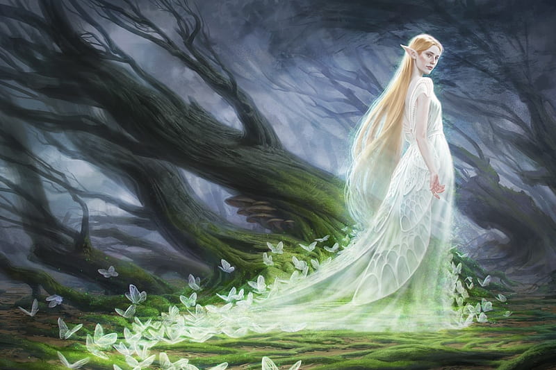Spirit of the Forest, pretty, fantasy woman, dress, grass, woman, sweet, fantasy, beauty, long hair, forest, female, lovely, elf, blonde hair, butterflies, trees, abstract, spirit, lady, white, HD wallpaper