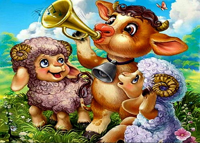 Play That Song Again, Field, Sheep, Horn, Cow, HD wallpaper | Peakpx