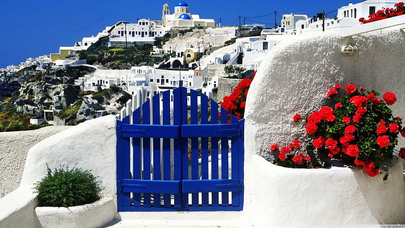 Greece, Gate, Blue, Architecture, HD wallpaper