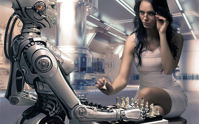 robot, white to move, girl, chess, HD wallpaper